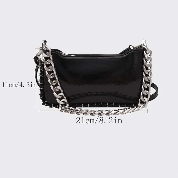 Black Patent Crossbody Bag with Silver Chain - Picture 5 of 10